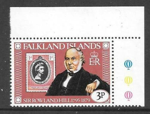 FALKLAND ISLANDS SG364w 1979 3p ROWLAND HILL CROWN TO LEFT OF C.A MNH