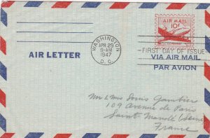 U.S. Airmail Air Letter Washington D.C. 1947 Cancel 10c FDC To France Ref 44617