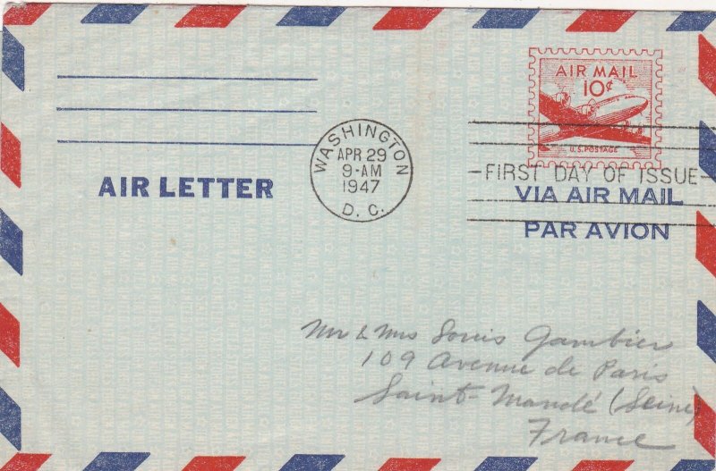 U.S. Airmail Air Letter Washington D.C. 1947 Cancel 10c FDC To France Ref 44617