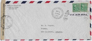 New York, NY to Noumea, New Caledonia 1941 20c x 2 Prexies. Censored (C5605)