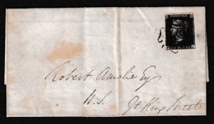 GB QV 1841 1d Penny Black Entire Black Cross Postal History BP15403