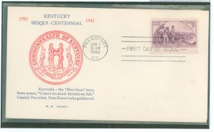 US 904 1942 3c Kentucky sesquicentennial (1792-1942) single on an unaddressed first day cover with a Grandy cachet.