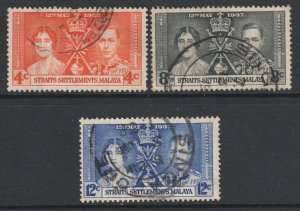 Malaya Straits Setts Scott 235/237 - SG275/277, 1937 Coronation Set used