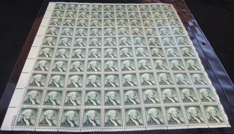 US #1031 FULL SHEET of 100, 1c Washington,  VF/XF mint never hinged,  super f...