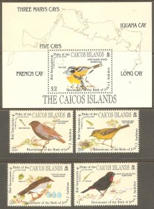 CAICOS ISL. Sc# 60 - 64 MNH FVF Set of 4 + SS Audubon Bird Sanctuaries Finch