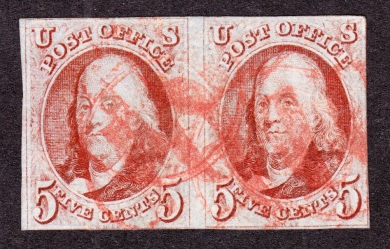 US 1b 5c Franklin Used Orange-Brown Pair w/ Numeral '10' Cancels SCV $2100