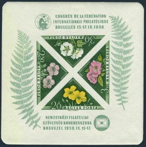 Hungary 1202a imperf,MNH.Michel Bl.28B. Flowers 1958.Dolomite flax,Pinks,Roses,