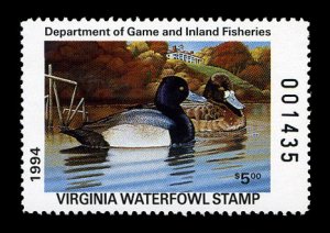 United States, Duck Hunting - State #VA7 Cat$12, Virginia, 1994 $5 Lesser Sca...