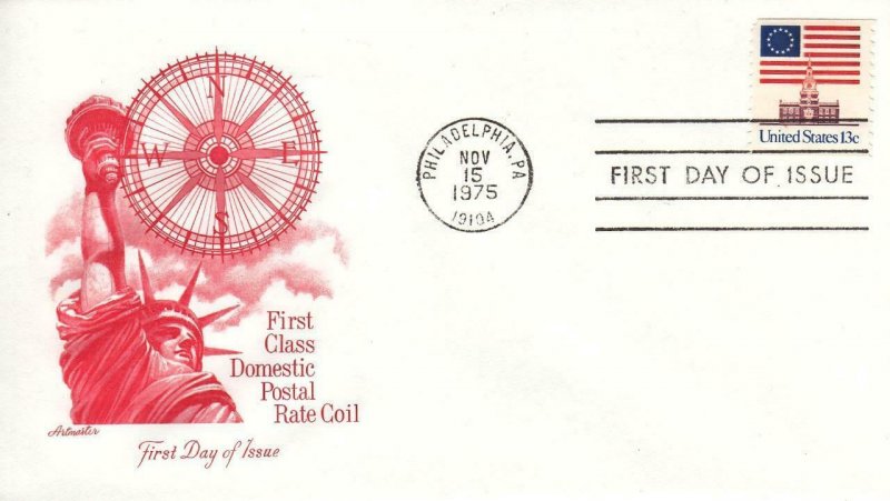 1975, 1st Class Domestic Postal Rate Coil, Artmaster, FDC (D14402)