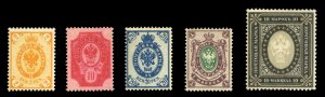 Finland #64/69 Cat$778.50, 1901 2p-10m, five values (missing 5p), hinged, 10m...