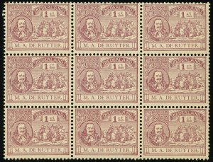 Netherlands #88 Admiral Michiel de Ruyter Block of 9 Stamps 1c Postage 1907 MNH