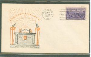 US 835 1938 3c Radifica of the US Constitution/150th anniversary on an unaddressed first day cover with a cachet craft cachet.