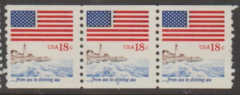 U.S. Scott #1891 American Flag Stamps - Mint NH Plate Number #2 Strip of 3