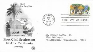 1977 FDC, #1725, 13c First Civil Settlement Atla California, PCS & Fleetwood