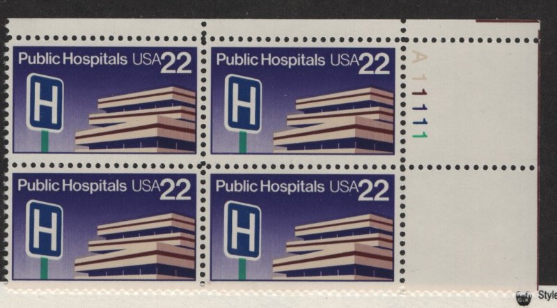 US, 2210, MNH, PLATE BLOCK, 1986, PUBLIC HOSPITALS
