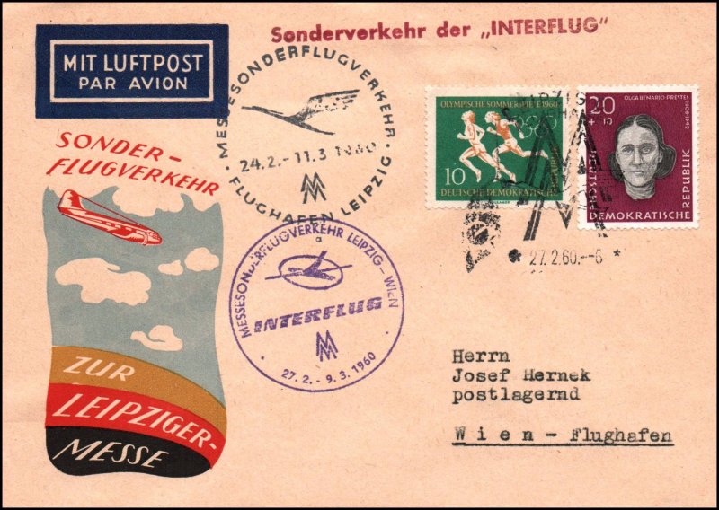 Germany DDR Leipzeig to Vienna 1960 1st Flight Cover