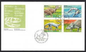 Canada 1993 #1498a = Oficial FDC block of 4 (V2), Dinosaurs, PREHISTORIC LIFE-3