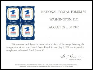 1972 Postal Forum Washington DC PS-8 USPS Sc 1396, SCCS: SC23 souvenir card