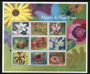 Congo 2001 - Flowers - Butterflies - Sheet of 9 Stamps - Scott #1609 - MNH