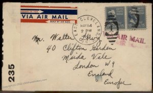 USA 1940 15c Buchanan Prexie Pair England Transatlantic Censor Cover 86031