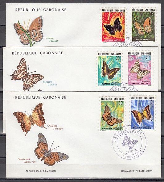 Gabon, Scott cat. 305-310. Butterflies issue.3 First day covers. Cat. 34.00. ^