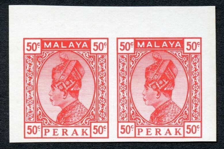 Perak 1935 50c red proof/colour trial Imperf Pair on white card