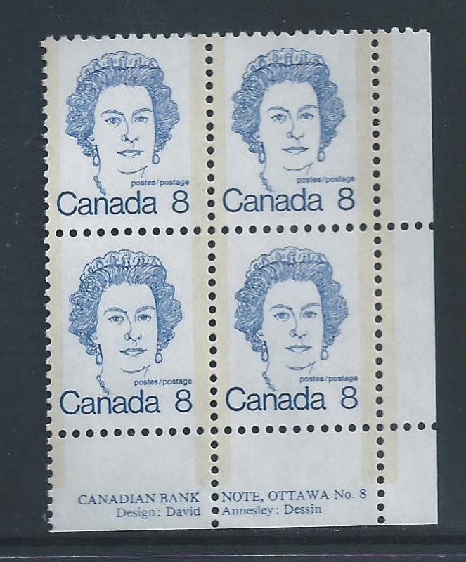 Canada#593viii LR PL BL #8 Queen Elizabeth II 8¢ MNH