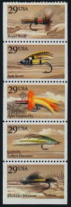 1991 Fishing Flies Booklet Pane Of 5 29c Postage Stamps, Sc# 2545-2549, MNH, OG