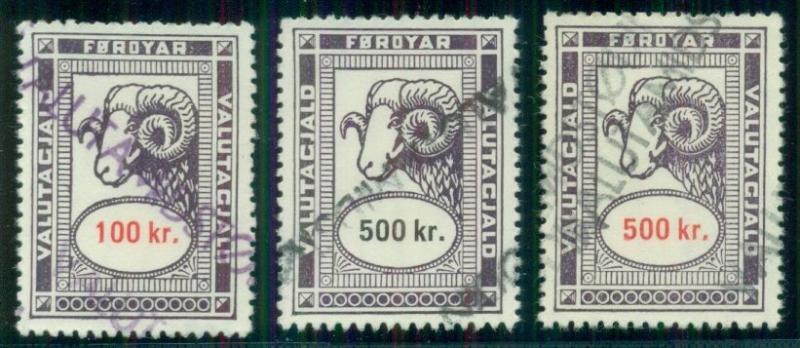 FAROE ISLANDS Sheep Revenues, 3 different high values, used, VF