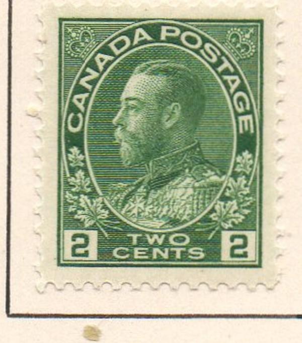 Canada Sc 107 1922 2 c yellow green GV Admiral issue stamp mint