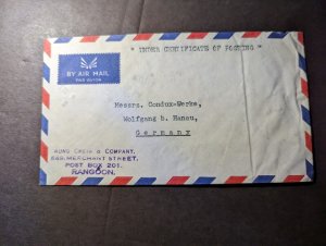 1955 Burma Airmail Cover Rangoon to Hanau Germany Certificate of Posting