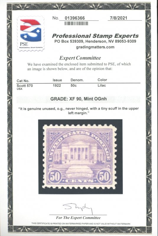 U.S. #570 MINT WITH PSE CERT XF 90 OG NHQ5