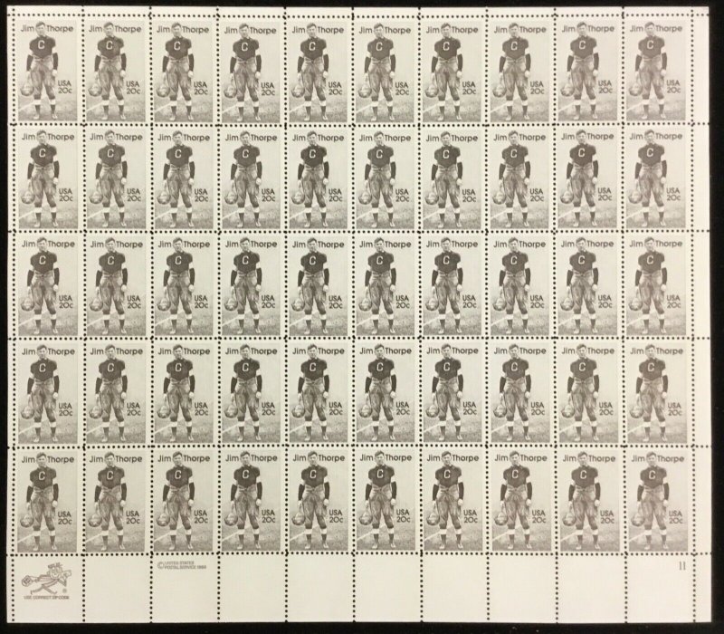 2089   Jim Thorpe, Athlete    20c MNH Sheet of 50  FV $10  1984