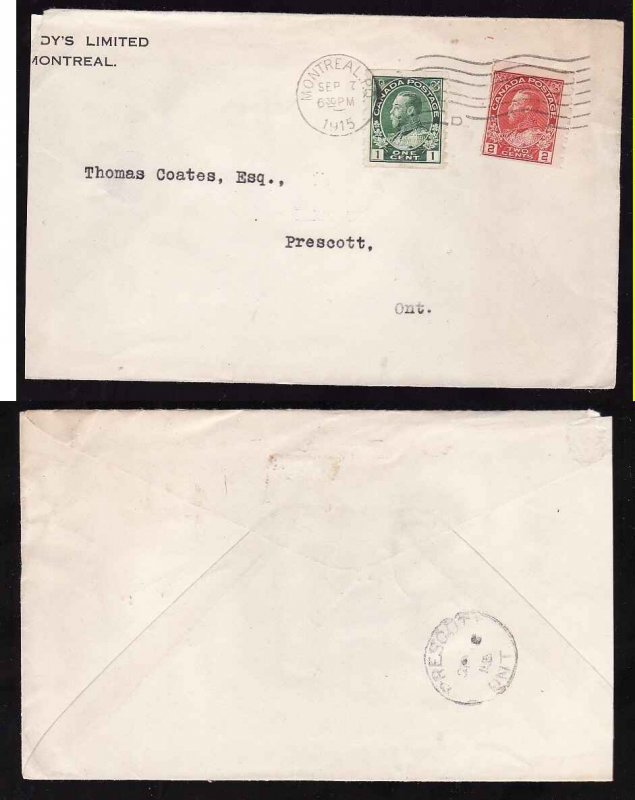 Canada-cover #2815c - 1c+2c Admiral coils [#125 & #127]-Montreal,PQ-Sep 7 1915-