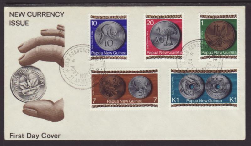 Papua New Guinea 410-414 Coins on Stamps 1975 U/A FDC