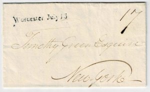 1802 Worcester, Mass. straight line cancel in black on cover