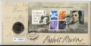 2009 Robert Burns 250th Anniversary £2 Two Pound Coin First Day Cover