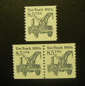 Transportation Coils II, Scott 2129, 8.5c Tow Truck, Pair & single, MNH