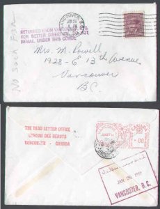 Canada-cover  #5798 - 4c KGVI - DLO-Vancouver,BC-Jan 26 1949-H/SReturned from