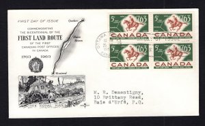 Canada #413 block (1963 Postal Rider issue)  addressed Rosecraft cachet FDC type