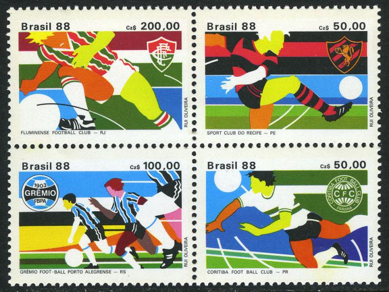 Brazil 2146-2149a Bl/4,MNH. Soccer Clubs.Recife,Coritiba,Gremio,Fluminense, 1988