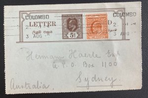 1912 Colombo Ceylon Postal Stationery Postcard Cover To Sydney Australia