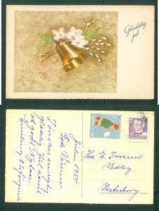 Denmark. Christmas Card 1954.15 Ore + Seal,Child Dove. Bell,Flowers. Veserborg