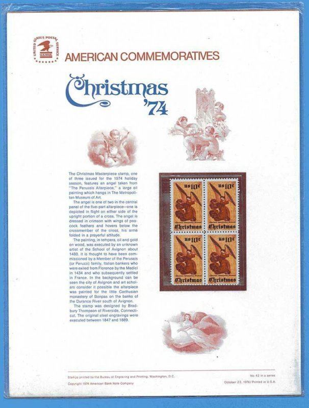 USPS COMMEMORATIVE PANEL #42 CHRISTMAS 1974 #1550