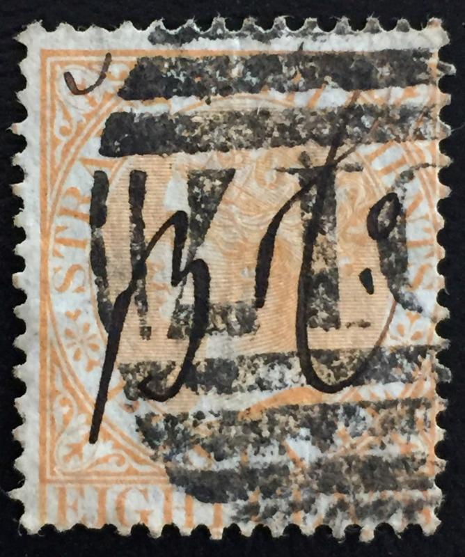 Malaya Straits Settlement 1867 QV 8c pmk D17 wmk CC SG#14a Duplex cancel M1441