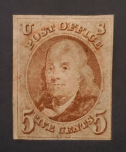 US 1, 1847 Franklin, beautiful clear image, UH, good margins, Cat. value - $400