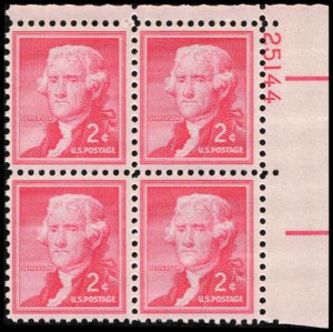 US #1033 JEFFERSON MNH UR PLATE BLOCK #25144