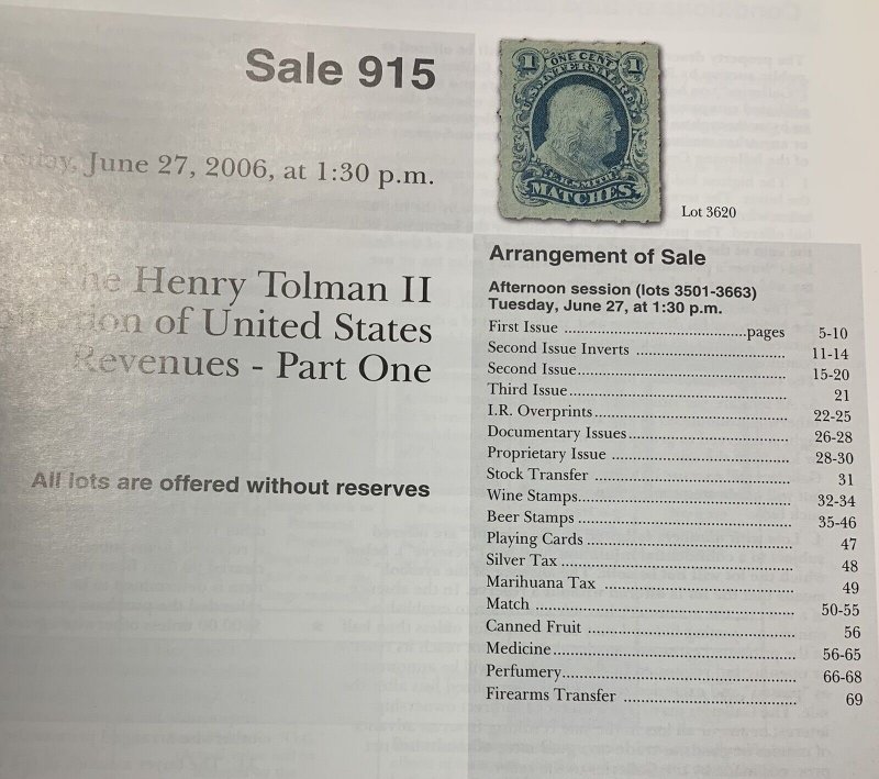 Henry Tolman, U.S. Revenue Stamps, Robert A. Siegel, Sale #915, June 27, 2006 