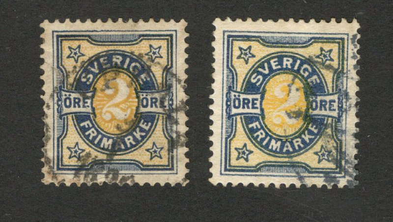 DENMARK TWO USED STAMPS 2 ore - DIFERENT COLOR