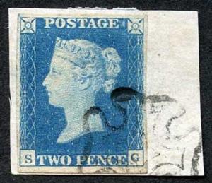 1840 2d Blue Plate 2 (SG) on Piece Cancelled with black MX Fine Four Margins